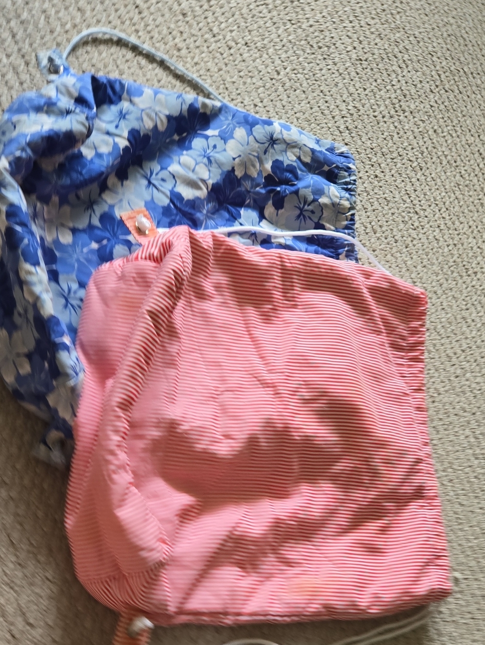 Blue Floral & Pink Striped Drawstring Bags